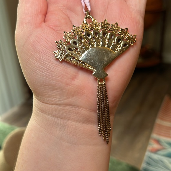 15.5-17.5” Vintage Asian enamel rhinestone oriental folding fan tassel necklace - Picture 5 of 7